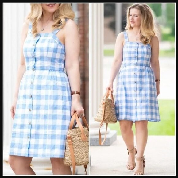 J. Crew Button Front Gingham Linen Dress - Picture 1 of 6